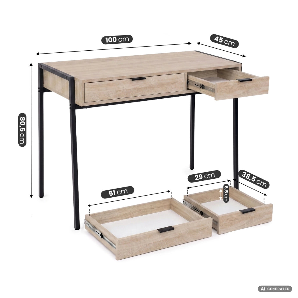 Scrivania industriale per computer Rovere Sonoma ZENTIA 100 cm 2 cassetti gambe nere