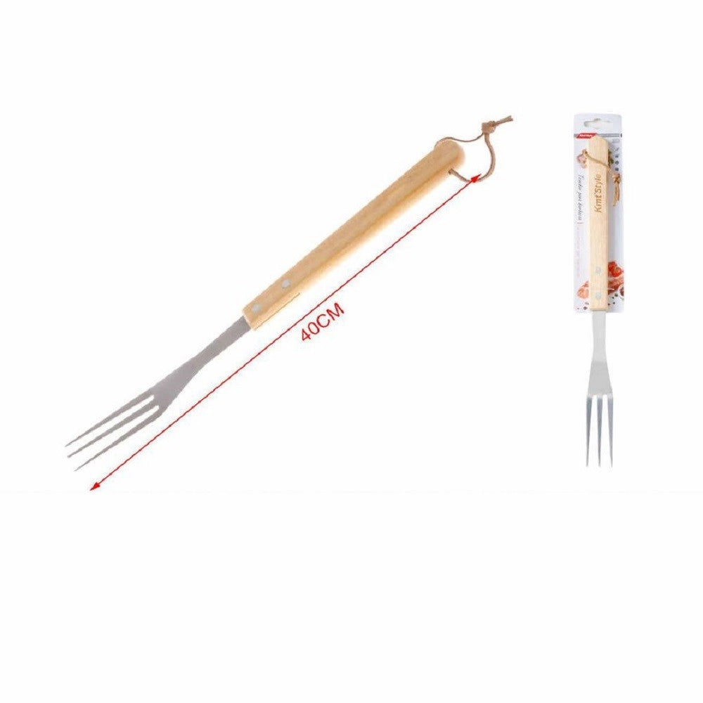 Trade Shop - Forchettone 3 Rebbi Per Barbecue Grigliata 40cm In Acciaio Manico Legno 2406328 -