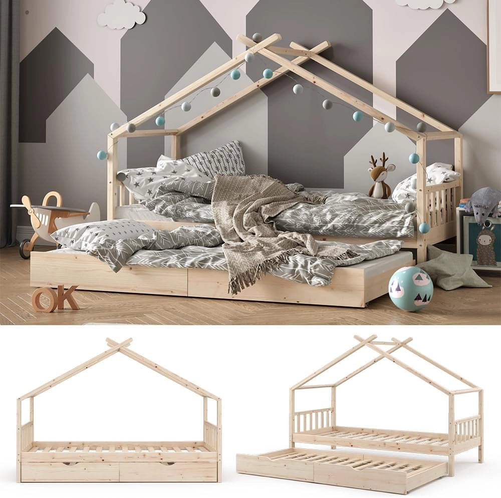 Letto montessori bambini Design, Legno naturale, 90x200 cm con letto per ospiti, con sponda anticaduta e rete a doghe per un sonno sicuro