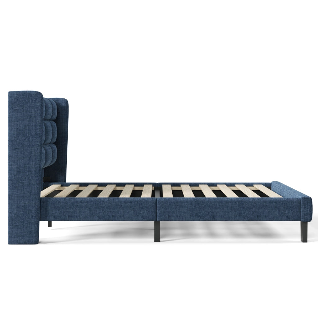 Letto imbottito singolo 90x200 cm blu in lino con rete a doghe