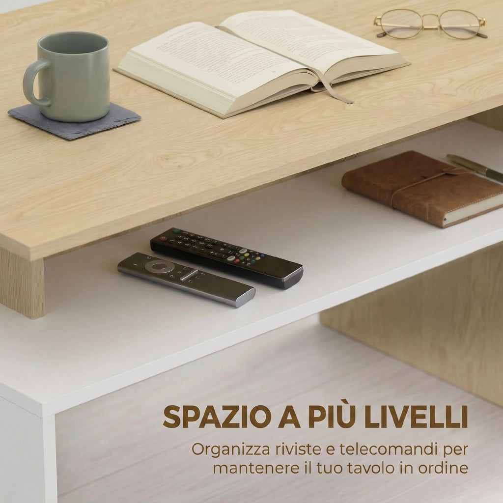 Tavolino da Salotto Bicolore con Mensola Asimmetrica. 95x55x50 cm. Legno Naturale e Bianco