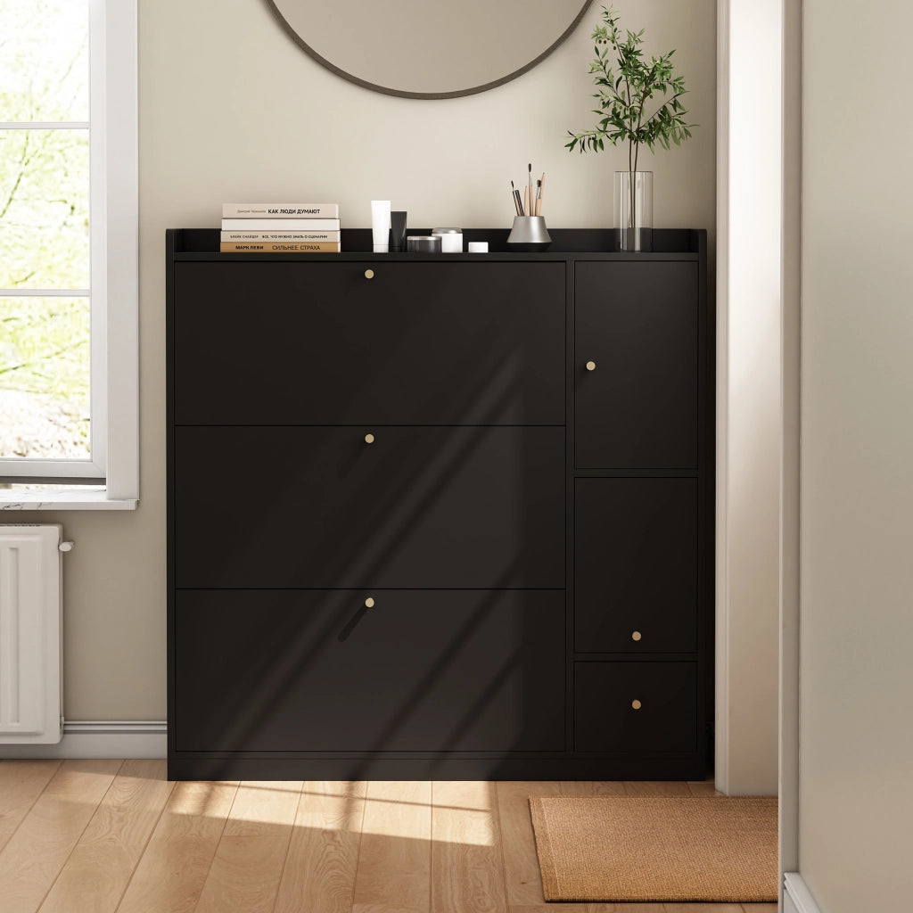 Scarpiera con 3 ante a ribalta e cassetto con ripiani regolabili e seduta pieghevole per ingresso nero 119 × 24 × 122 cm