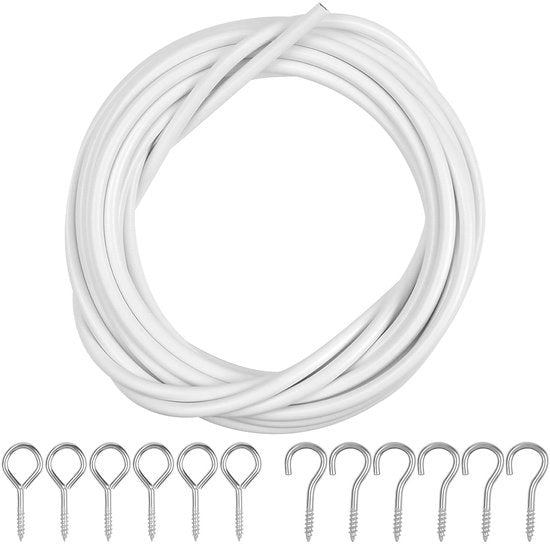 Cavo di supporto 10 m - Set di tiranti con ganci - Rivestimento in plastica - 10 occhi - Acciaio inossidabile - 4 mm di diametro - Cavo di tirante