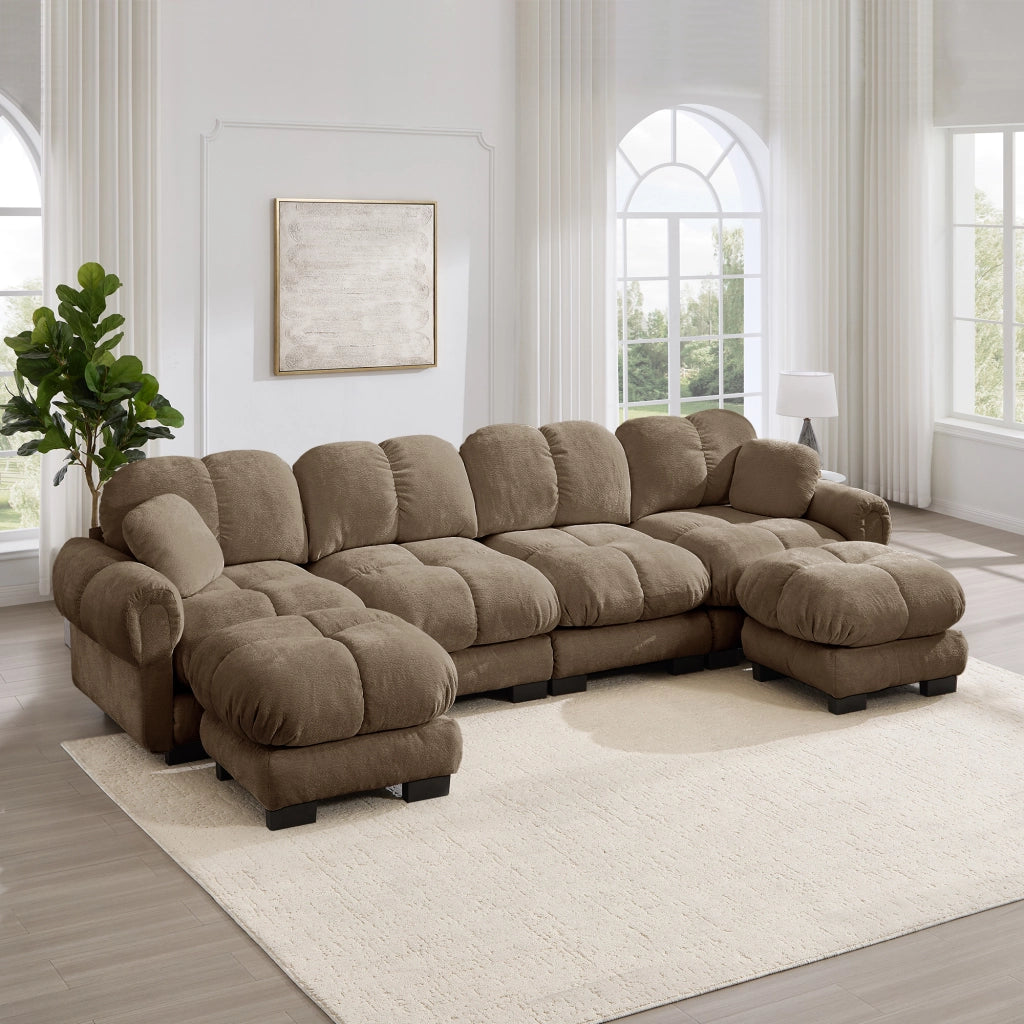 Divano ad angolo modulare a U con seduta confortevole e cuscini mobili in chenille marrone 330 × 149 × 90 cm