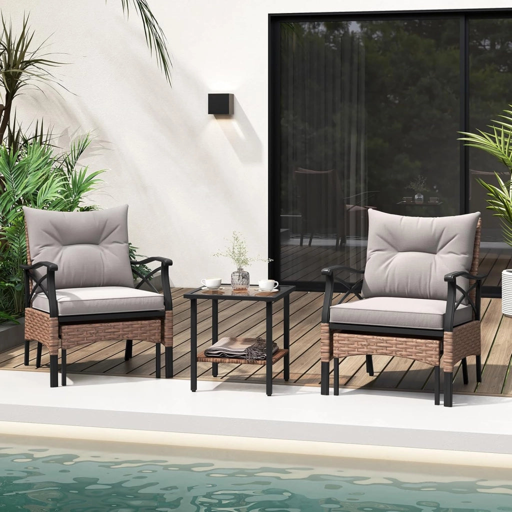 Set di mobili da giardino in rattan, per balconi, balconi, terrazze, 2 poltrone con sgabello, con cuscino, set di mobili da balcone per 2 persone (Marrone)