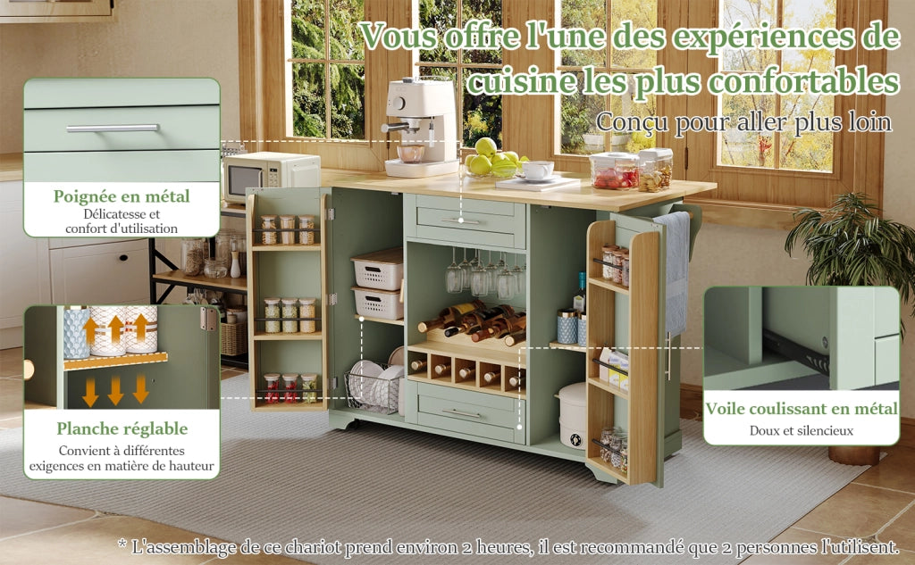 Carrello da cucina con piano ribaltabile, portabottiglie, portabicchieri, portaspezie e porta asciugamani, 138x45/70x92 cm, verde