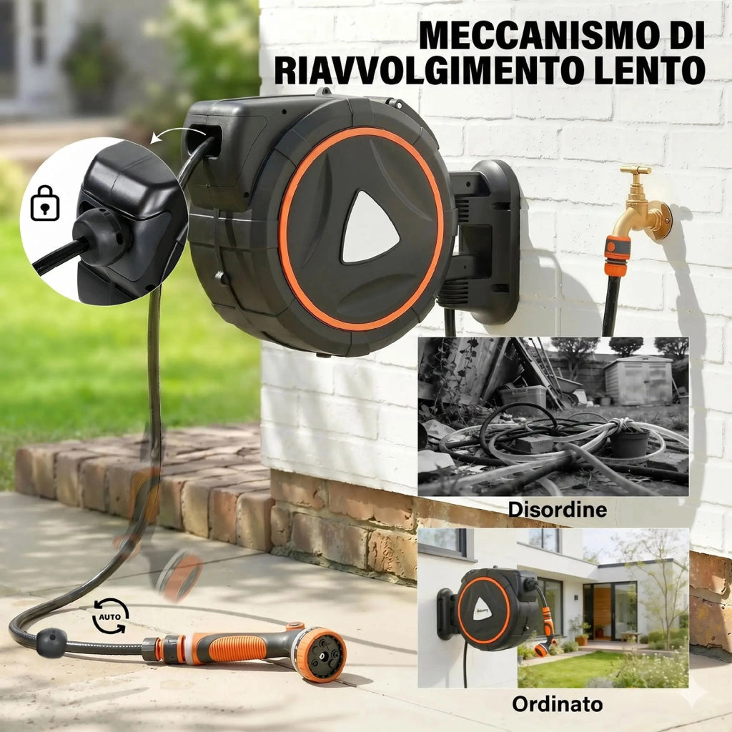 Avvolgitubo Retrattile 28+2 m con Riavvolgimento Automatico e Sistema di Bloccaggio Nero e Arancione