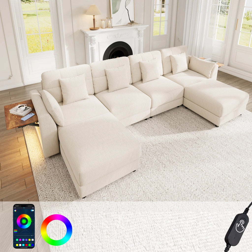 Divano modulare 6-7 posti con LED, 2 pouf e tavolini beige