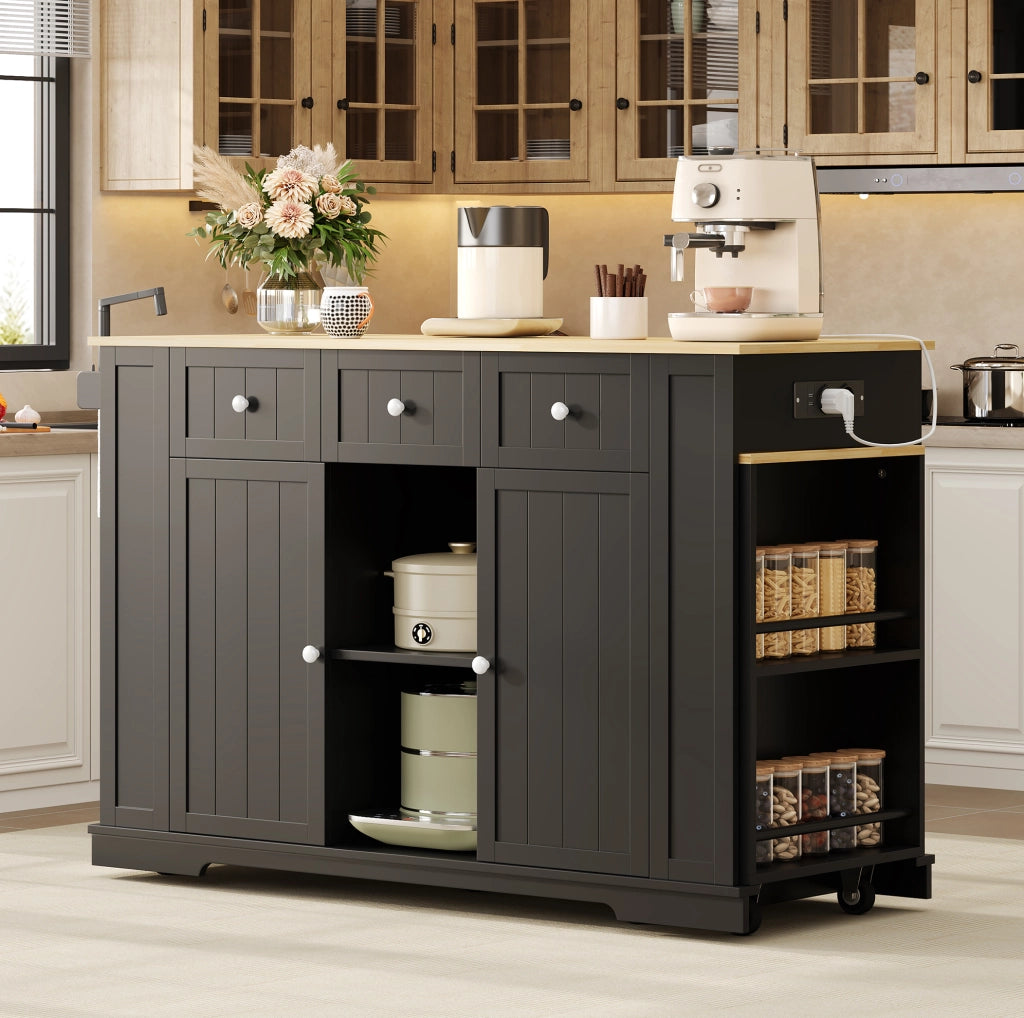 Isola cucina mobile con piano estraibile, prese e vani contenitore