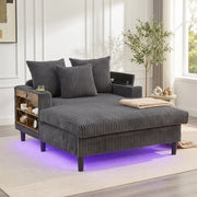 Chaise longue in velluto a coste scuro con porta bevande, LED, USB, contenitore e 3 cuscini