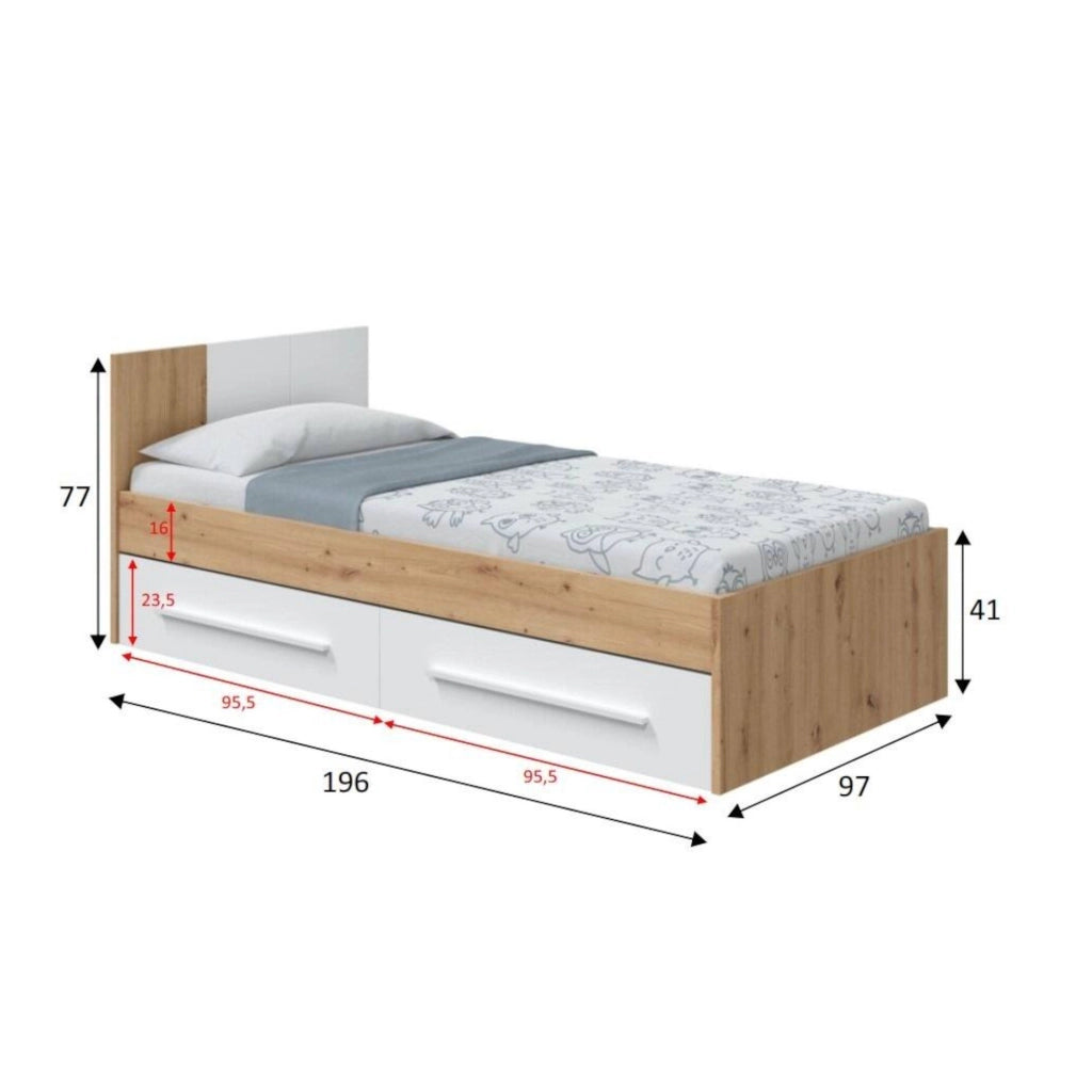 Letto singolo Azalia, Letto singolo contenitore con testiera, Struttura per letto con 2 cassettoni per camera da letto, cm 196x97h41, Rovere nodi e Bianco
