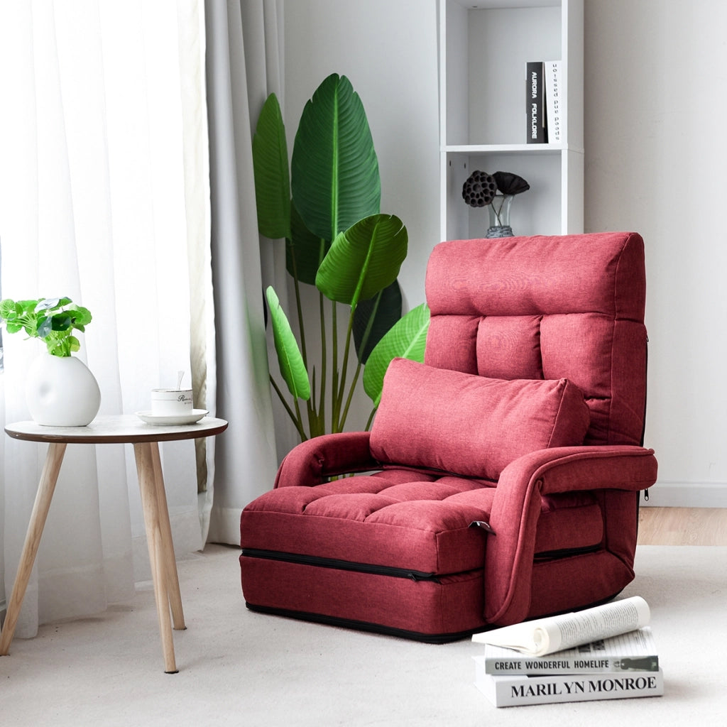 Divano letto in tessuto regolabile in 5 livelli con braccioli e cuscino pieghevole da terra, 173x67x12cm Rosso-Divani letto