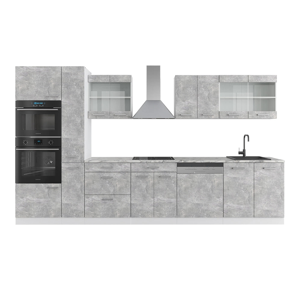 Vicco Cucina componibile Cemento/Bianco 350 cm con armadio alto, senza piano di lavoro
