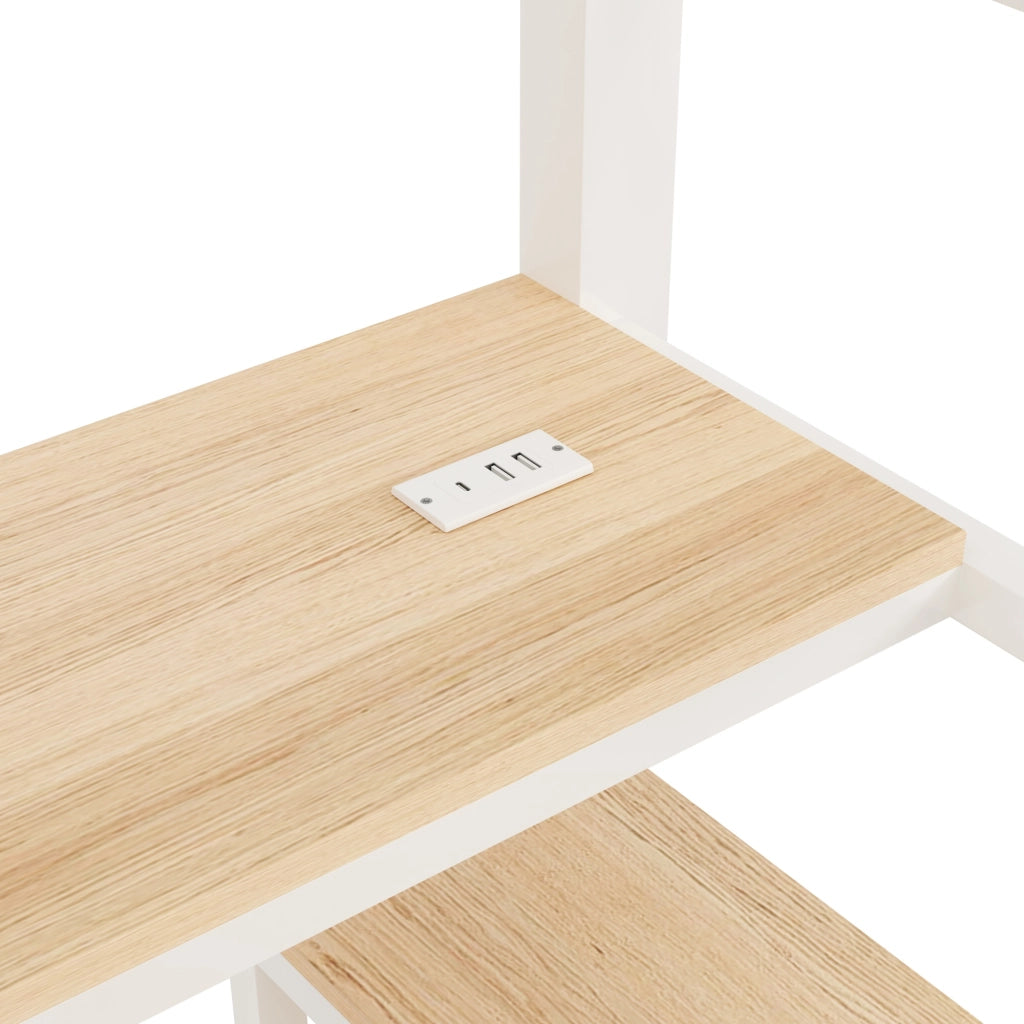 Letto a soppalco matrimoniale 140×200 cm con ripiani; LED; scrivania; USB e Type-C; senza materasso; bianco
