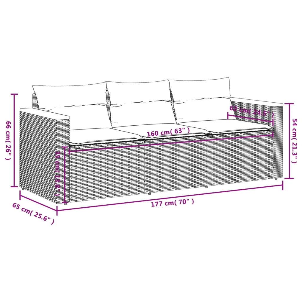 Divano da Giardino a 3 Posti con Cuscini Nero in Polyrattan 365829