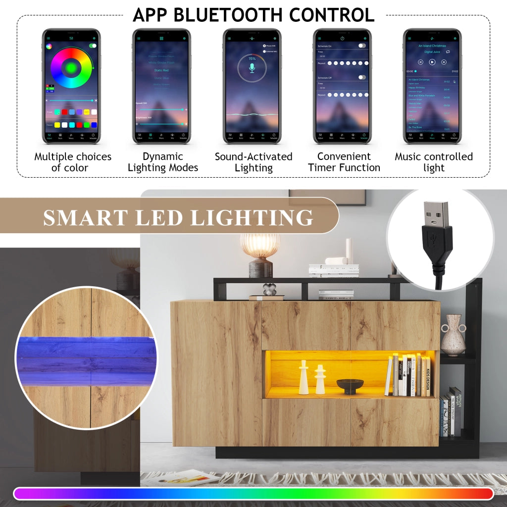 Mobile TV con 2 ante; LED RGB e ripiani regolabili - per soggiorno - 140×44×93.5 cm