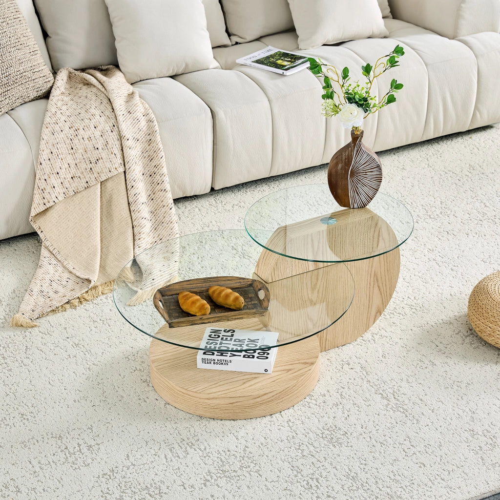 Tavolino da salotto 78.99x78.51x24.51 cm con ripiani multilivello in MDF e vetro; naturale
