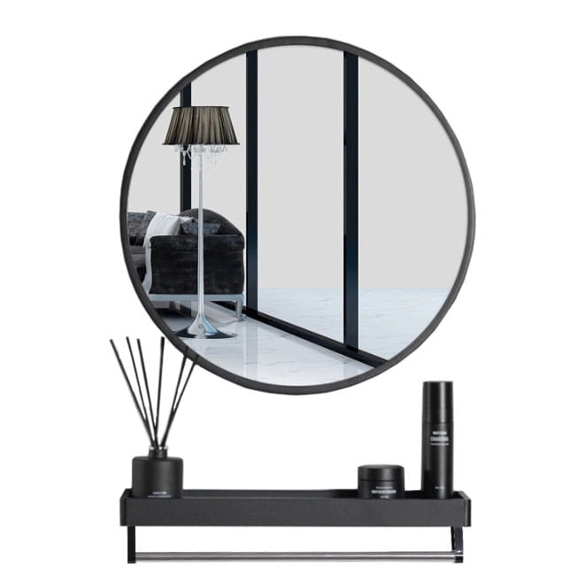 Specchio rotondo VALORA con mensola per bagno e ingresso, nero 80 cm
