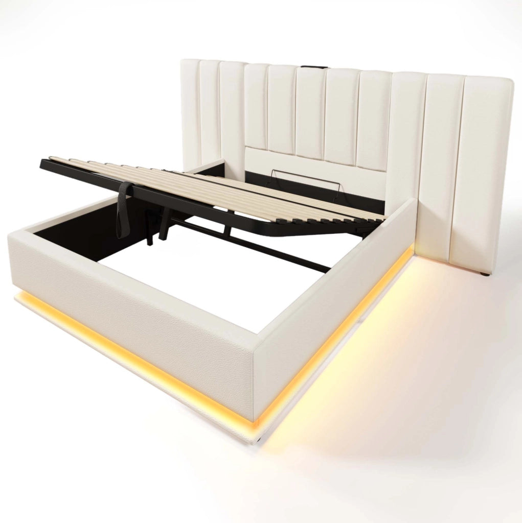 Letto matrimoniale contenitore 180x200 cm in PU bianco con LED 360掳; USB e tipo C