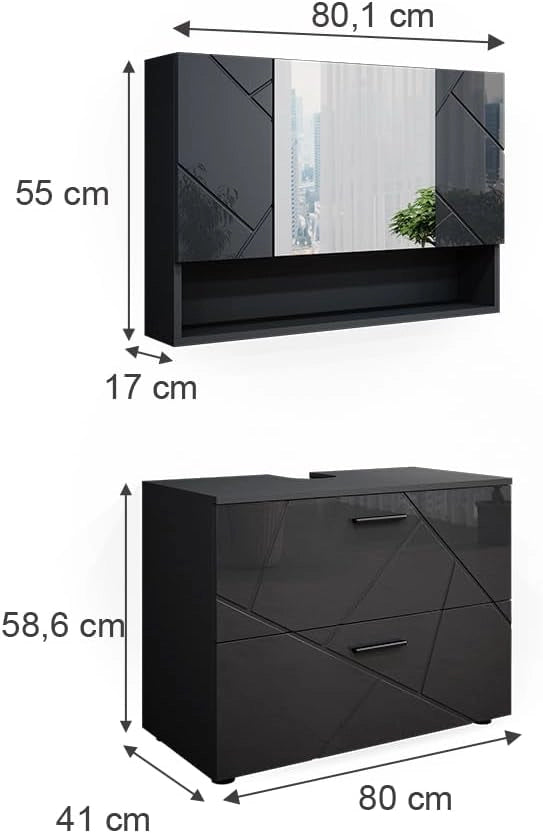 Set mobili bagno Irma, Antracite lucido, 80 cm, composto da specchio da bagno e mobile sottolavabo