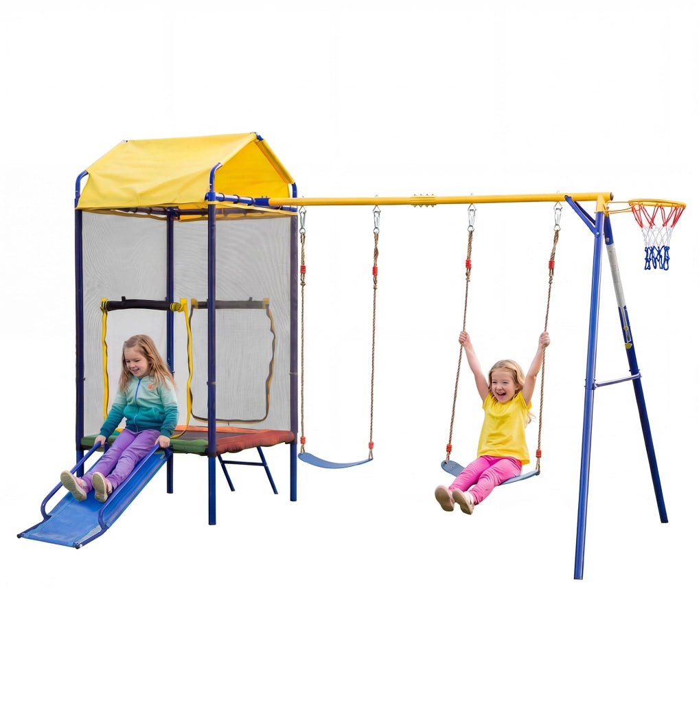 Set gioco da esterno 4 in 1 con trampolino; doppia altalena; scivolo e canestro in ferro