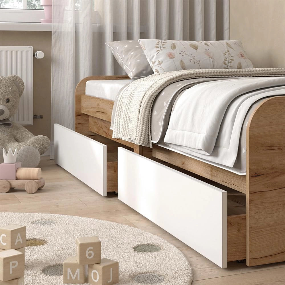 Letto per bambini Clario, Bianco/Artisan, 90x200 cm Senza materasso, estendibile come letto per ragazzi con superficie letto aggiuntiva
