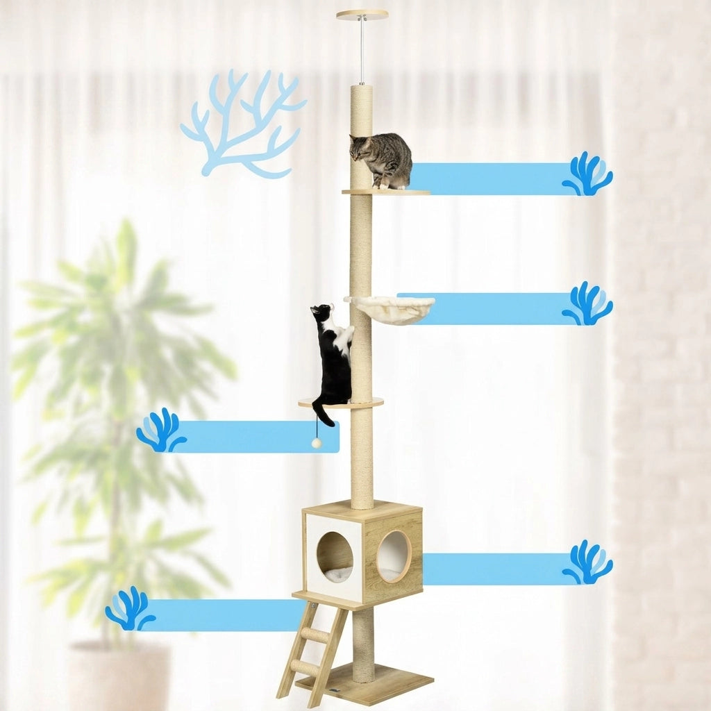 Albero Tiragraffi da Soffitto 240-260 cm con Amaca e Cuccia; Beige e Marrone Chiaro; 40x40 cm