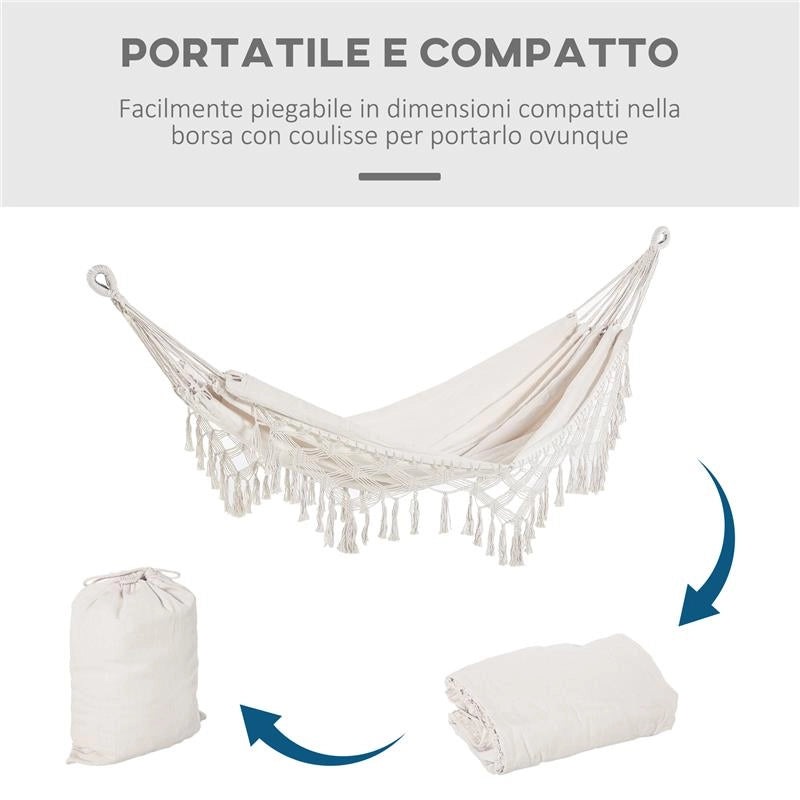 AMACA DA GIARDINO SOSPESA IN TELA CON FRANGE STILE BOHO 288X150 CM CAPACITÀ 120 KG CREMA