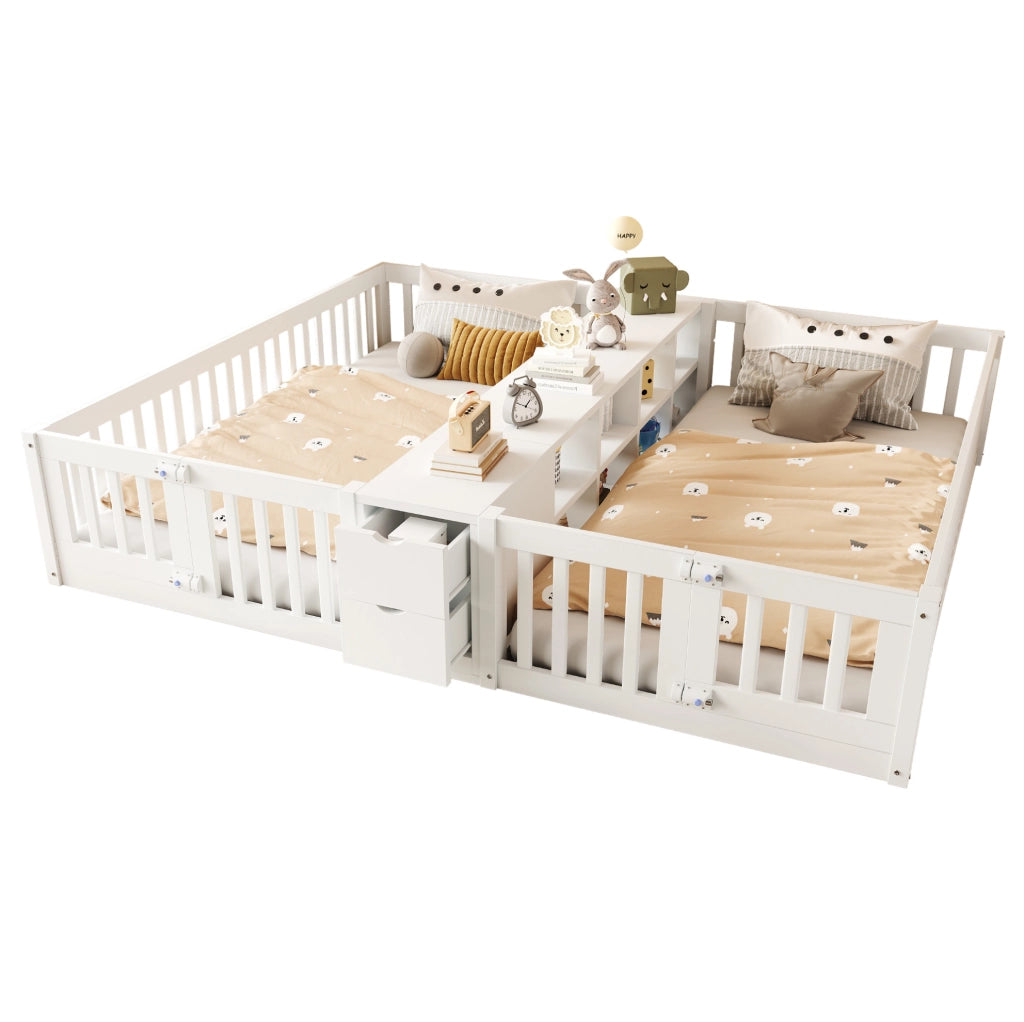 Letto multifunzione per bambini 90x200 cm con 2 posti, cassetti e scaffale