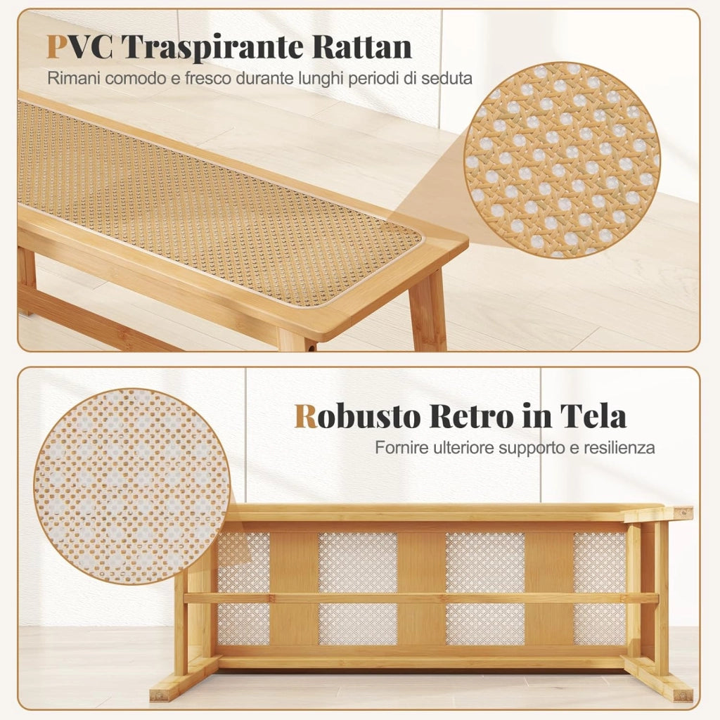 Panca da Pranzo 100 cm in Bambù Naturale, Panchina per 2 Persone con Seduta Rattan Intrecciato a Mano, Panca Stile Fattoria per Cucina, Bagno e Camera da Letto, Sgabello per Scarpe