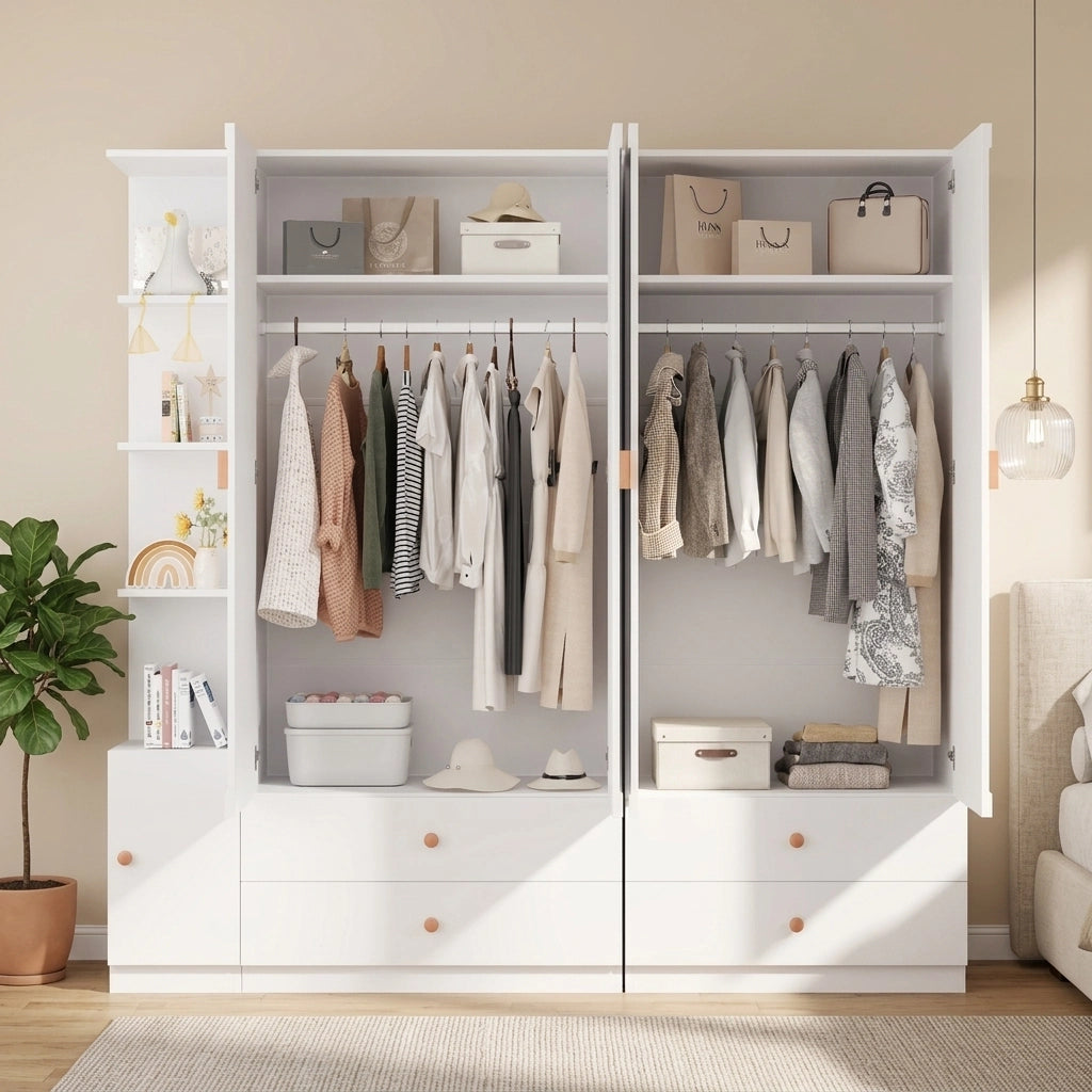 Armadio 225x45x200 cm con 3 aste appendiabiti e 4 cassetti in legno; MDF e acciaio bianco