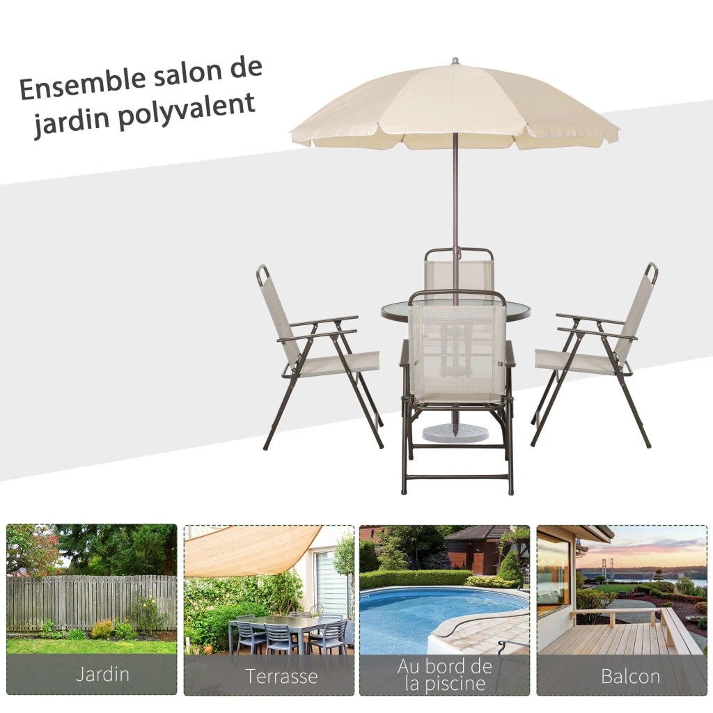 Set da giardino 6 pezzi ¨C zephmum ¨C tavolo rotondo + 4 sedie pieghevoli + ombrellone beige