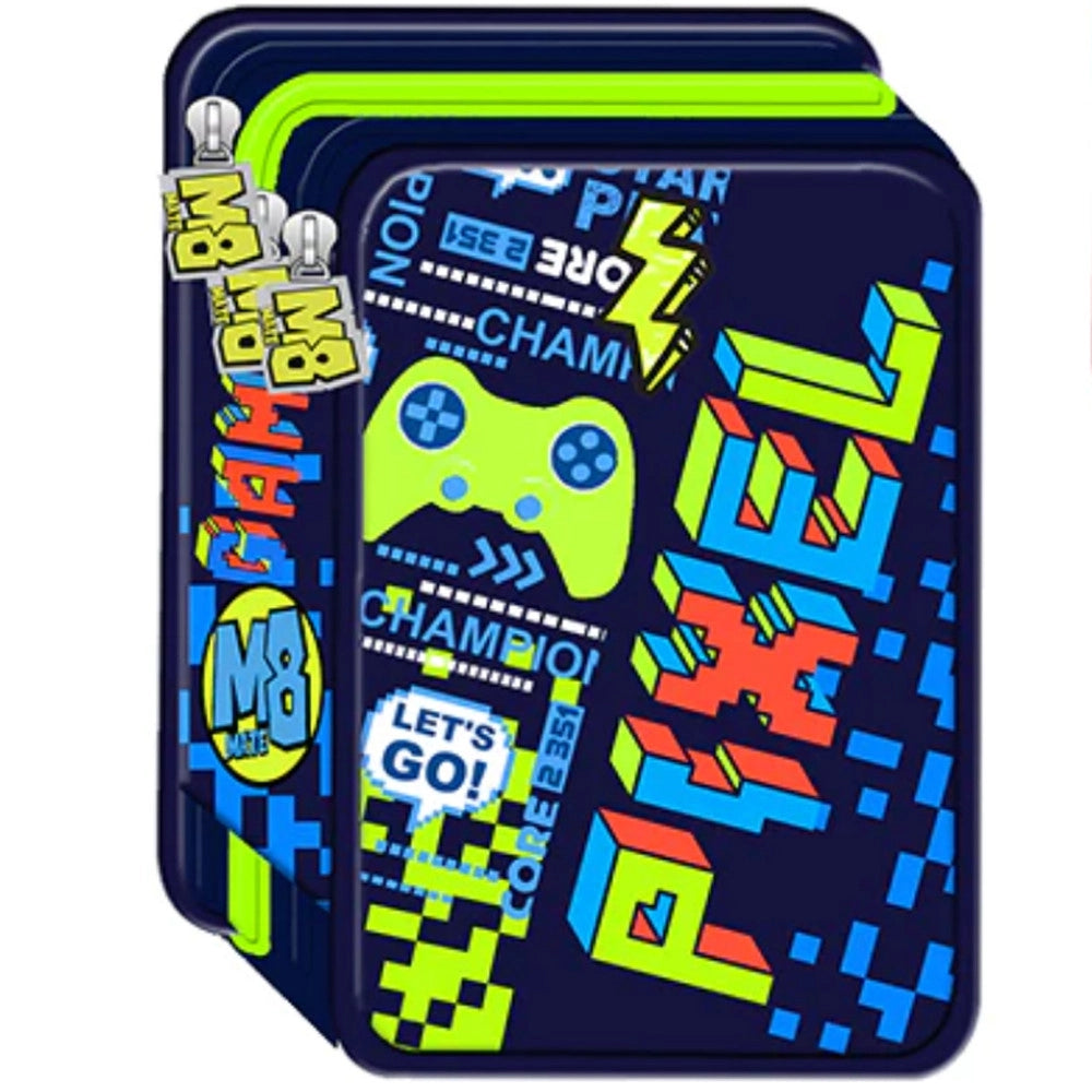 Trade Shop - Astuccio Portapastelli Portapenne 3 Scomparti Chiusura A Zip M8 Boy Blu Verde -