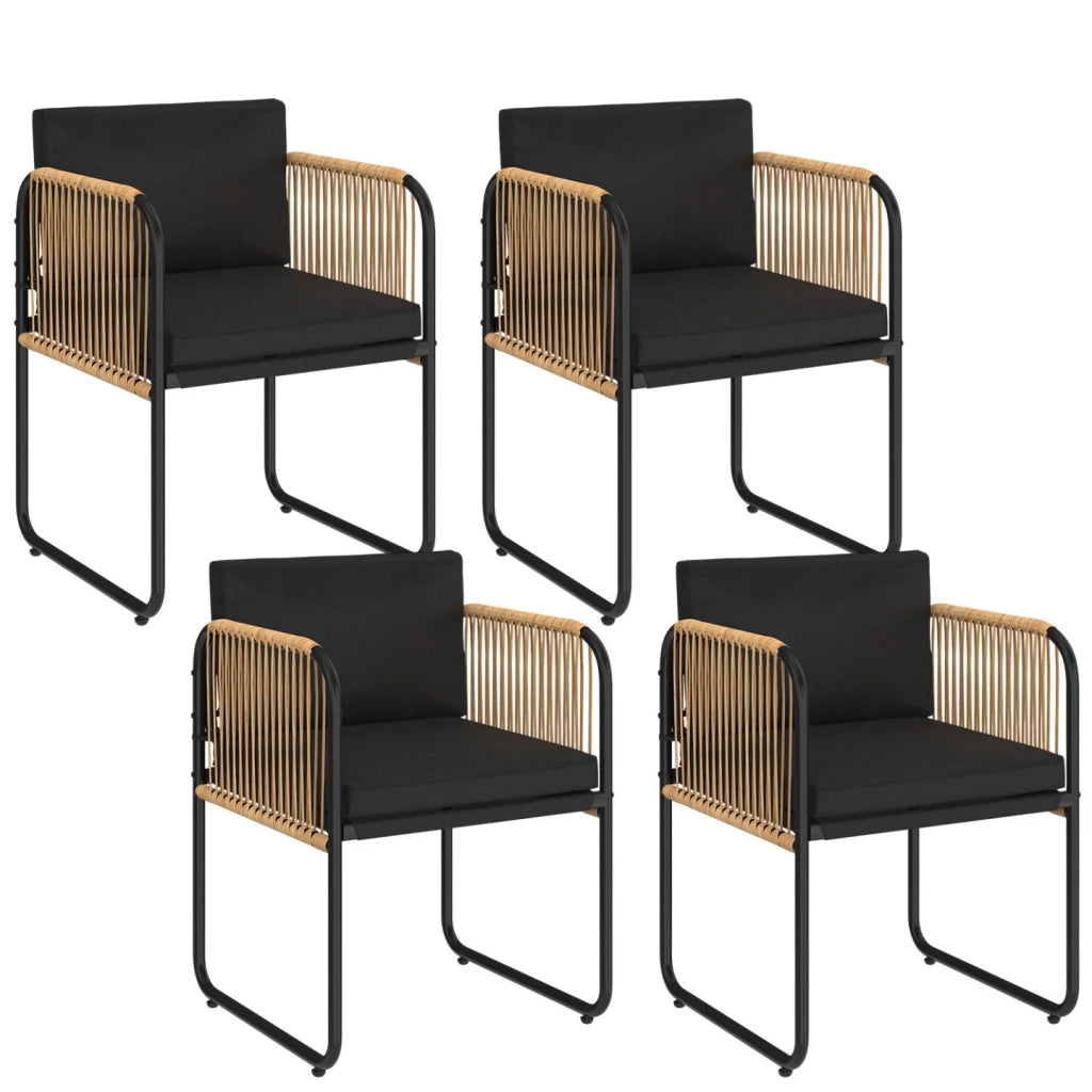 IDMarket - Set di 4 sedie da giardino RIO con struttura in metallo nero, cordoncino effetto rattan chiaro e cuscini neri