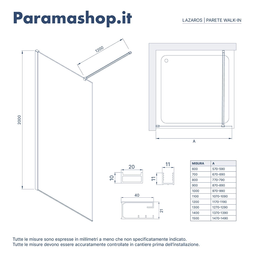 Doppia parete doccia walk-in 60x110cm con supporto a T vetro 8mm trasparente anticalcare h200 | Lazaros