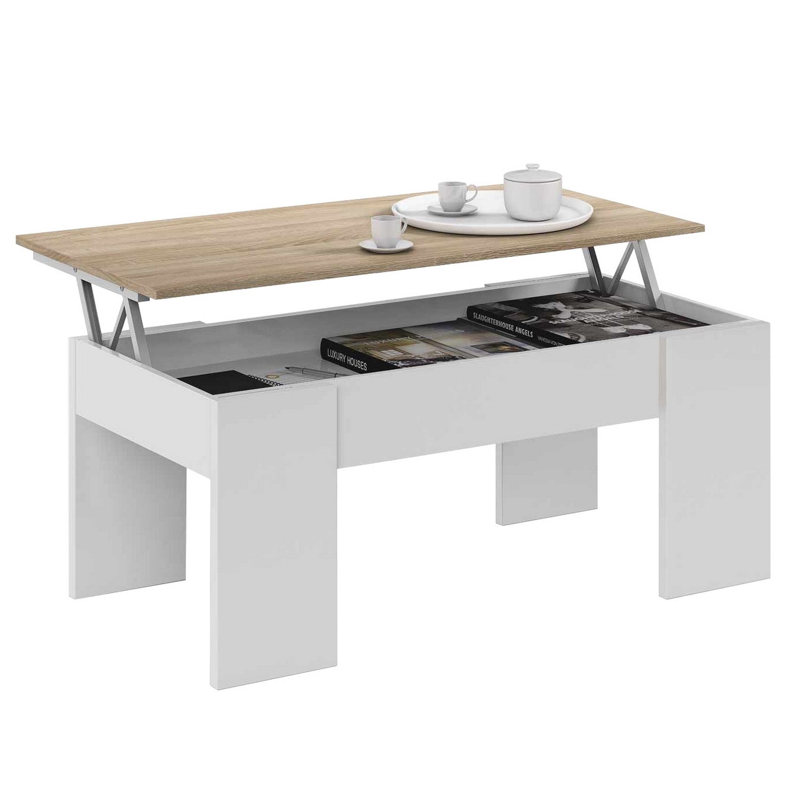 kit tavolo da caffè elevabile dimensioni 50x100x45h rovere/bianco cod:ferx.97374