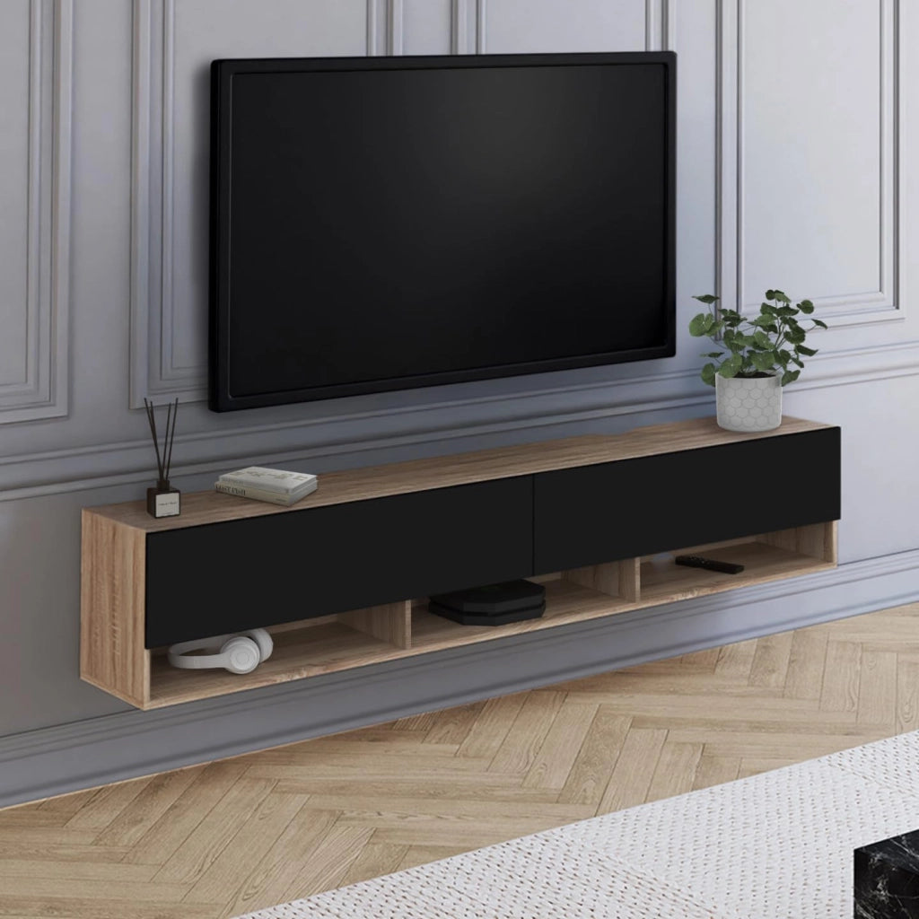 Mueble TV suspendido ELIO con estante de 2 puertas en madera y negro 180 cm