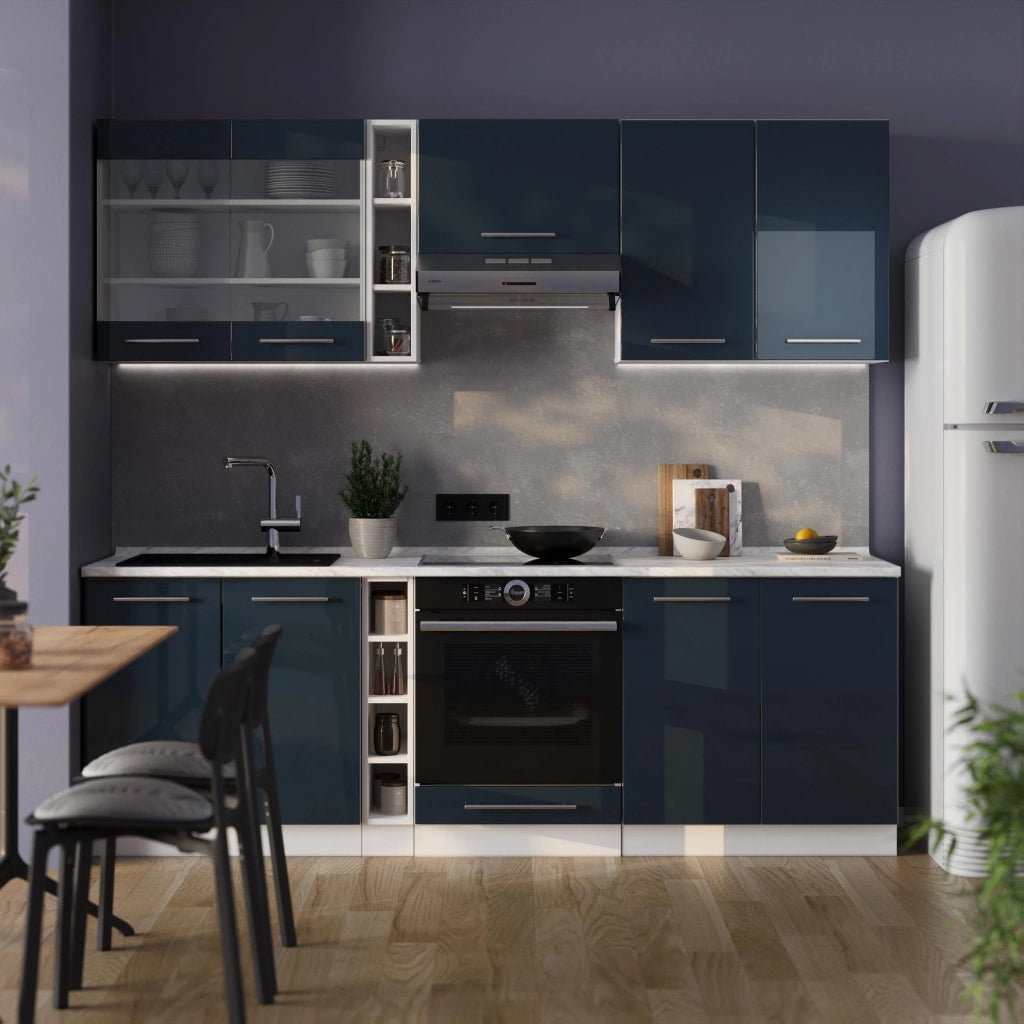 Mobili da cucina Fame-Line Blu scuro lucido/Bianco 235 cm, PL Rovere Vicco