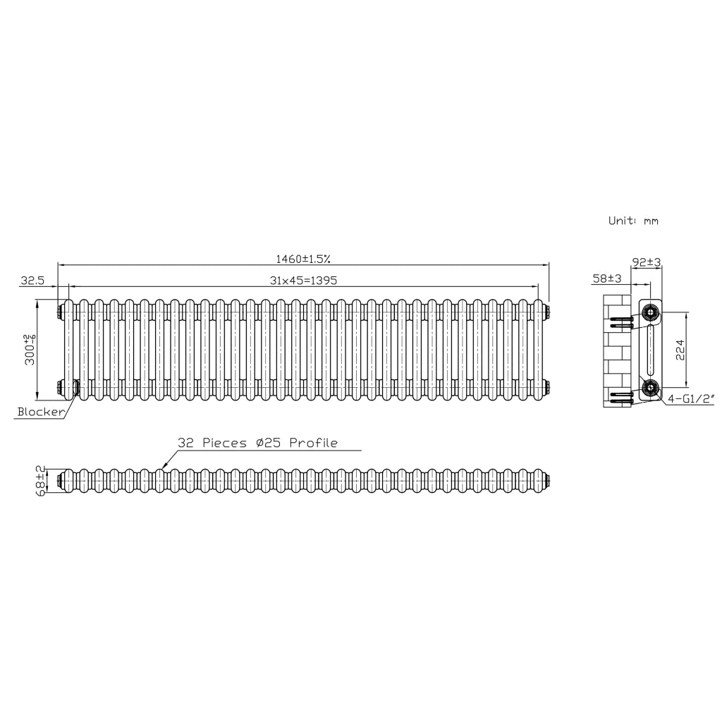 Radiatore 2 Colonne Orizzontale Metallo Grezzo 300x1460 mm