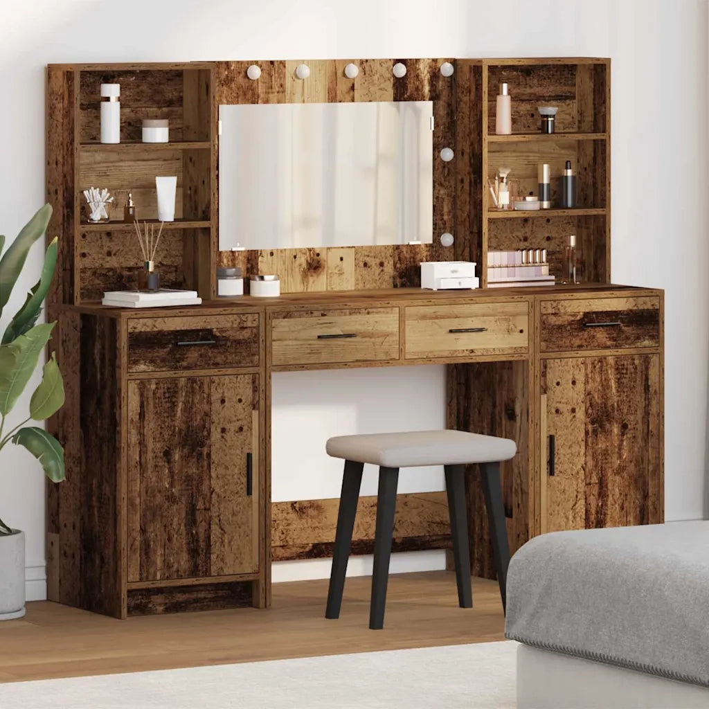 Set da Toeletta | Tavolo da Trucco con LED con porta 3 pz Legno vecchio