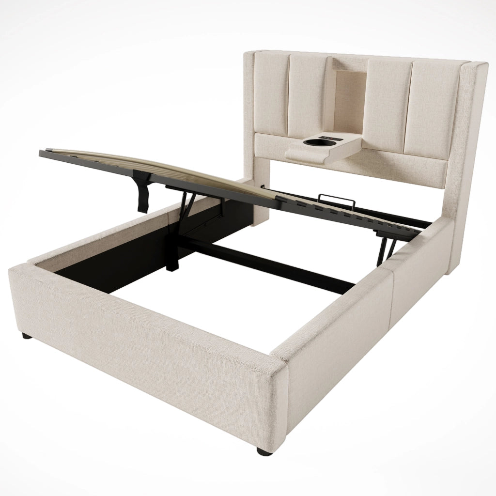 Letto Contenitore 90 x 200 cm; Letto Singolo - USB; Type-C e Portabicchiere - Beige