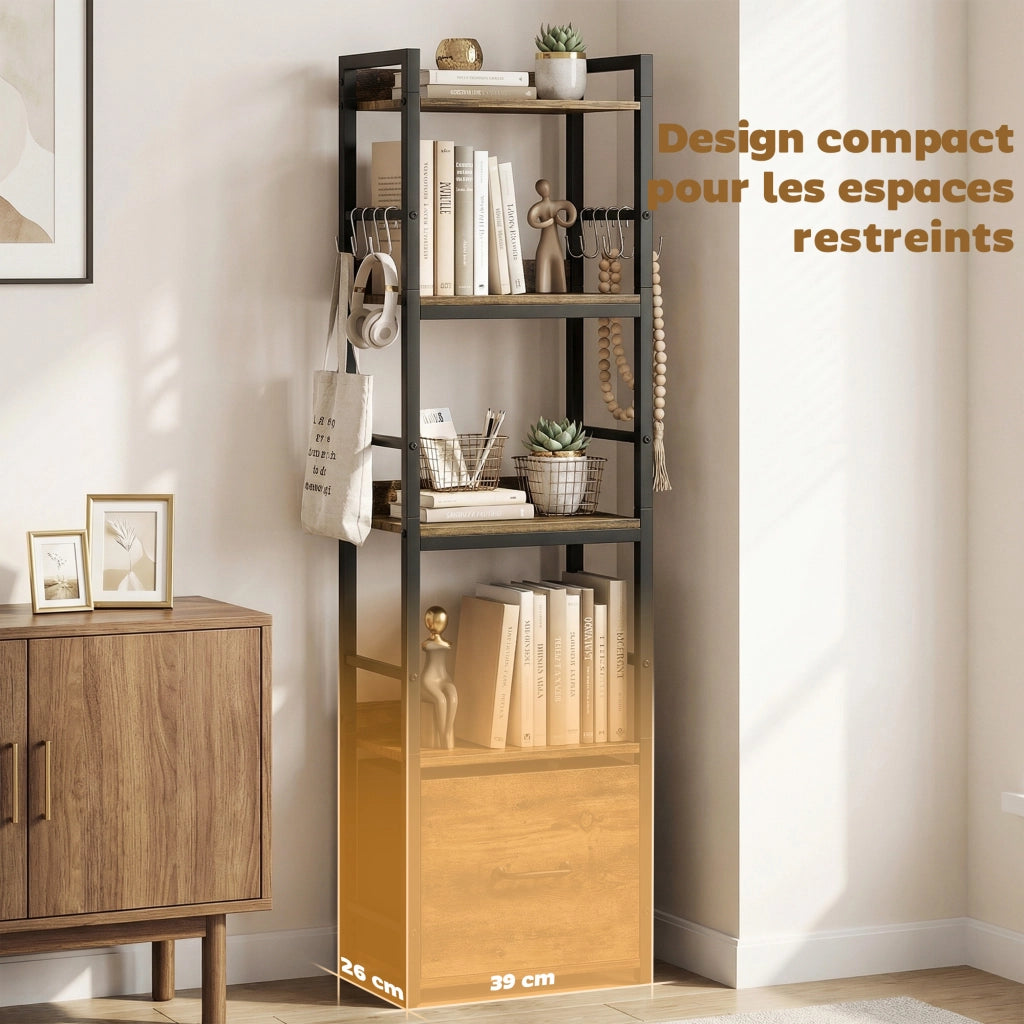 Libreria 4 Livelli con Cassetto e Ganci ¨C Zephmum ¨C Marrone Rustico 39x26x136.5 cm