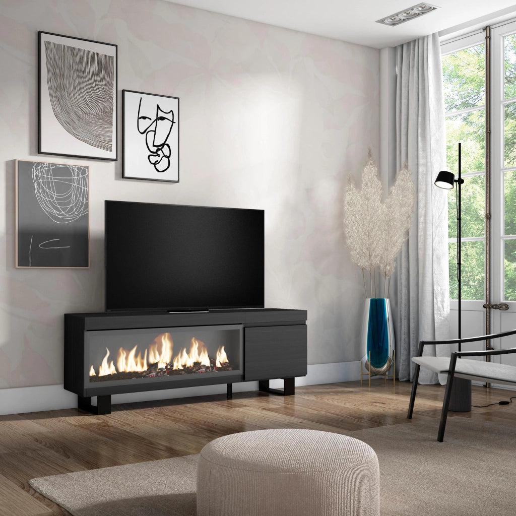 Mobile TV Soggiorno, 158x35x57cm, Per TV fino a 65", Camino elettrico XXL, Design industriale, Nero RF3245
