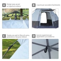 Tenda da Campeggio 2 Posti con Apertura Automatica e Accessori, in Acciaio e Tessuto Oxford, Grigia e Nera