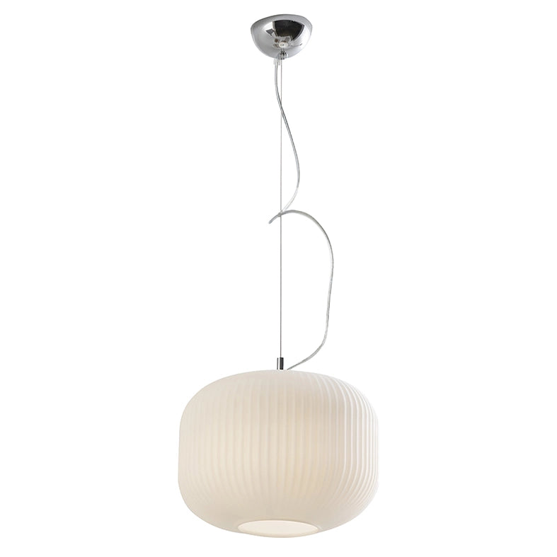 Lampada a Sospensione Rigadin in Cromo e Vetro Bianco Satinato 30cm, E27 IP20, Stile Geometrico Moderno - Rossini Group