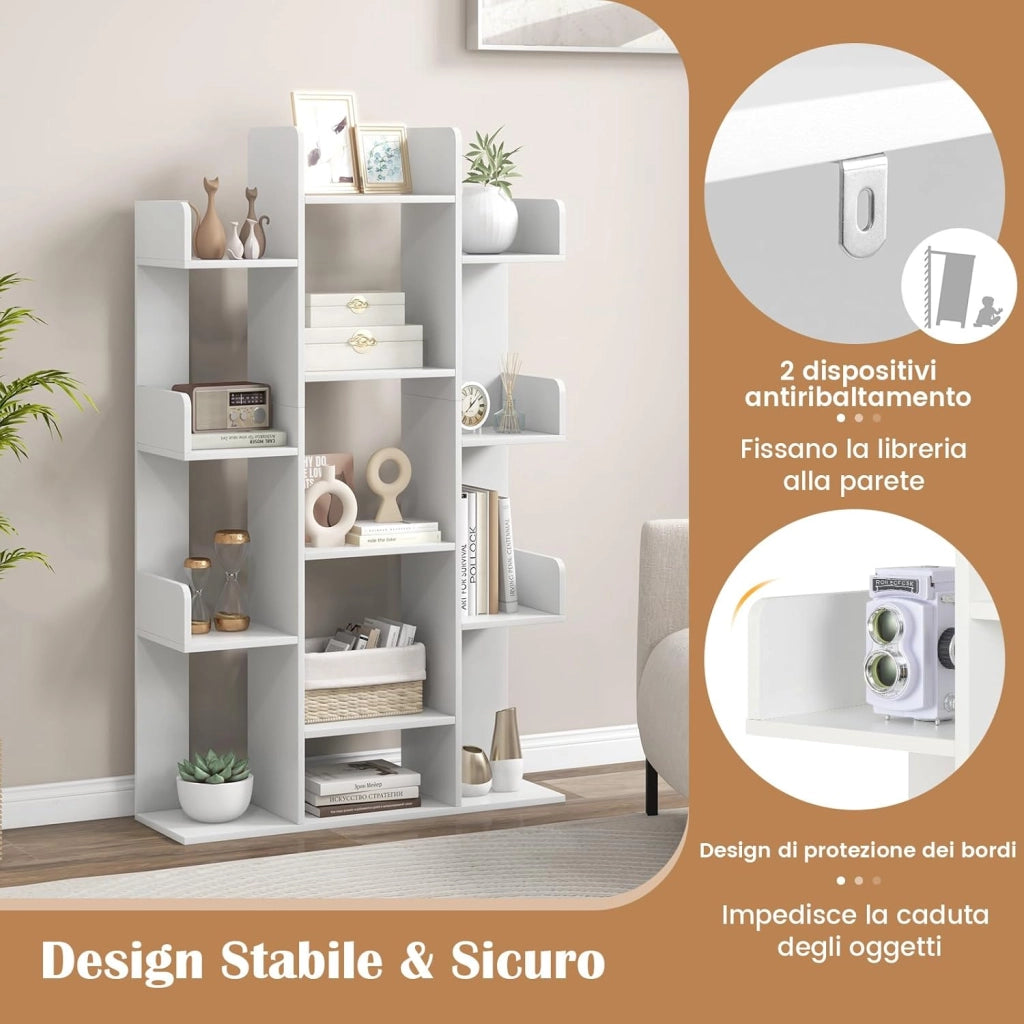 Libreria a Forma di Albero, Scaffale Multiuso con 13 Ripiani Aperti, Scaffale Decorativo Autoportante a Cubo per Soggiorno Studio o Ufficio, 86x24,5x141 cm (Bianco)