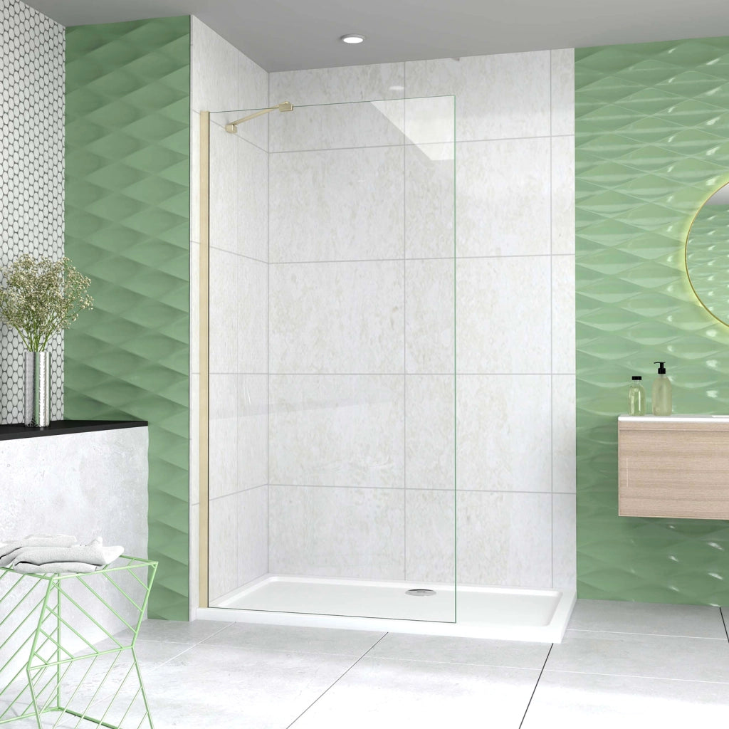 Box Doccia Walk In 70x200 cm Parete Fissa Vetro 8 mm Trasparente Anticalcare Oro Spazzolato Barra Stabilizzatrice 45 cm Snodabile