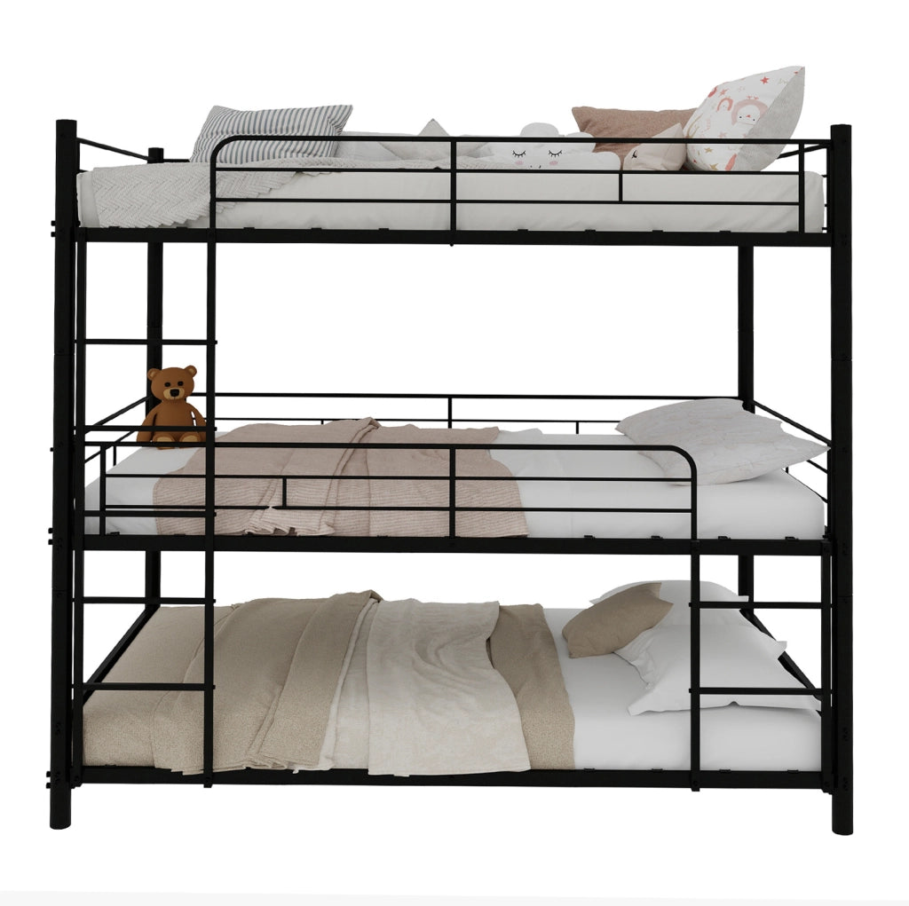 Letto a castello a tre posti con scala integrata in metallo nero