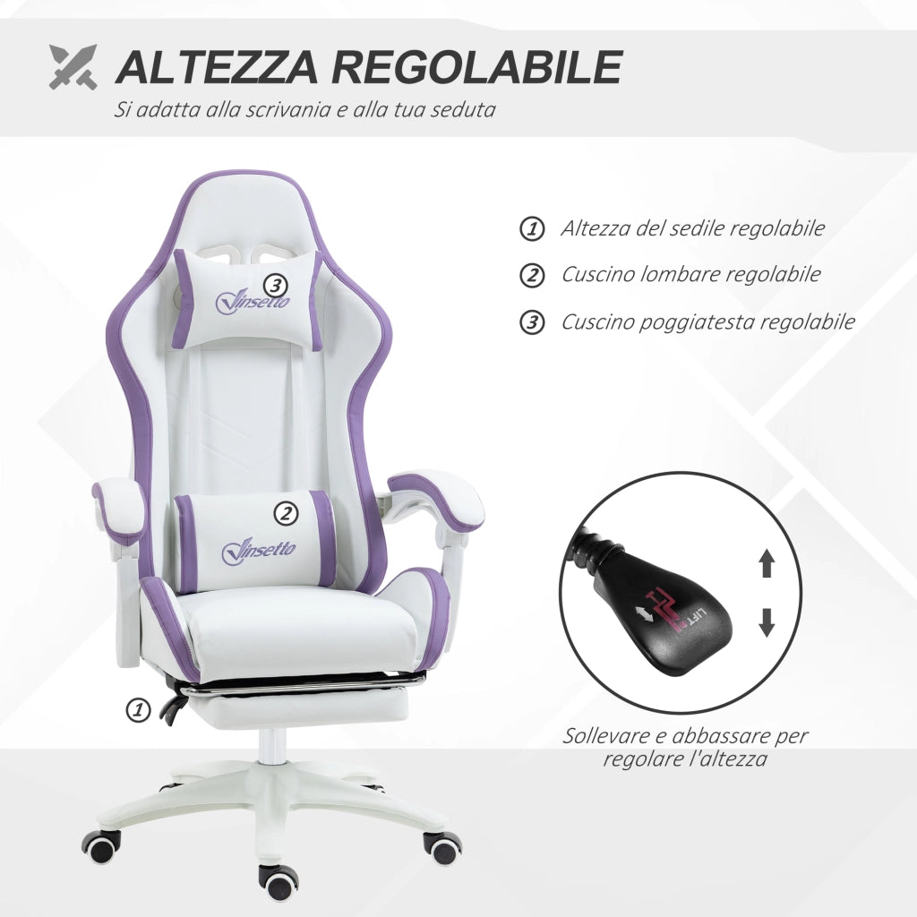 Sedia da Gaming con Altezza Regolabile e Schienale Reclinabile. 65x65x121-129 cm. Bianco e Viola
