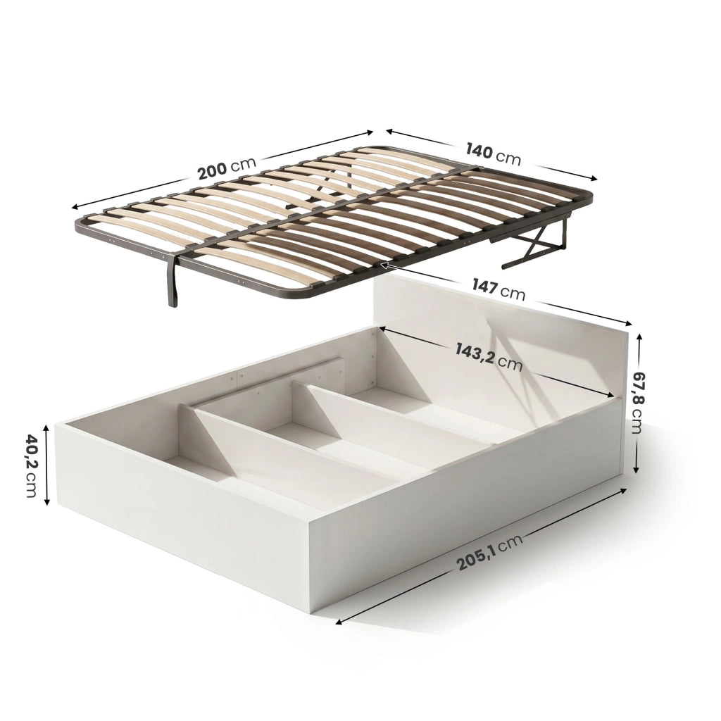 Letto con contenitore 140x200 cm rete sollevabile in metallo Bianco